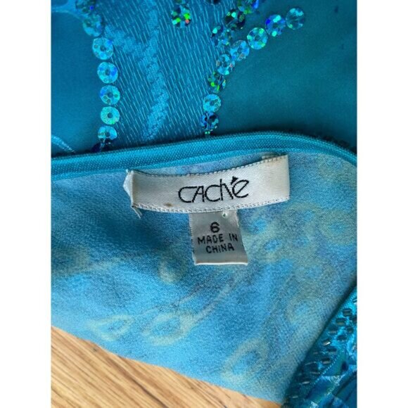 Cache Women's Dress Asymmetrical Fringe Vintage Y2k Sequin Silk 6 Blue - Picture 8 of 8